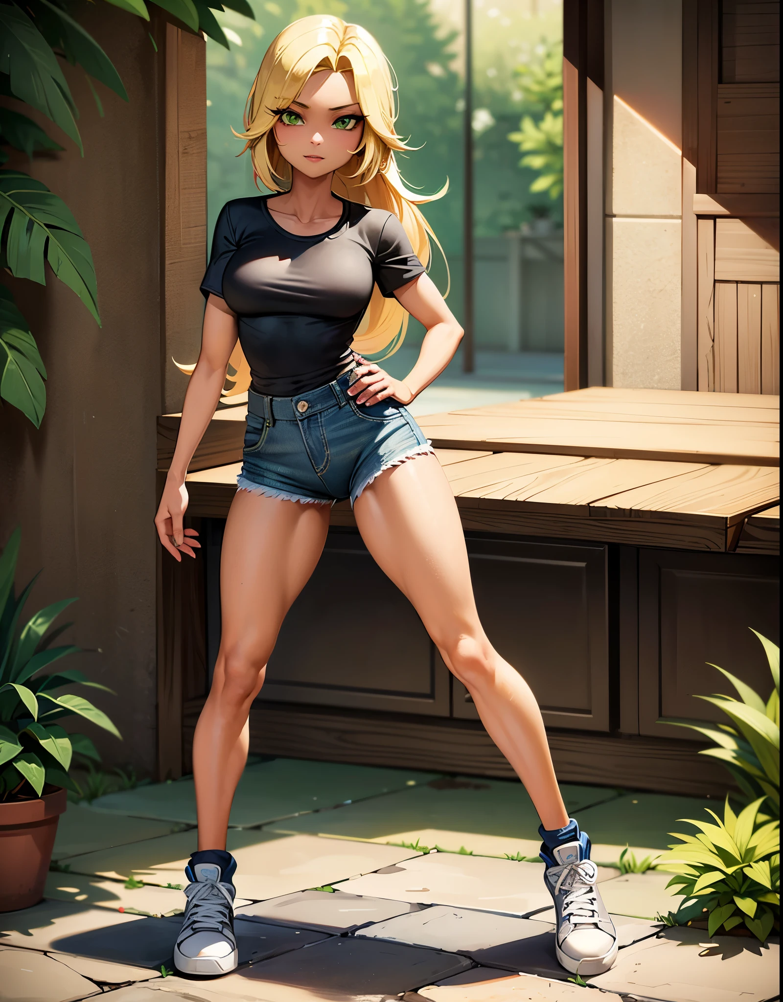 Chica bandicoot, sexy young girl, good body, light yellow hair, long hair, green eyes, blue jeans, black shirt, black tennis shoes, standing, stained with dirt