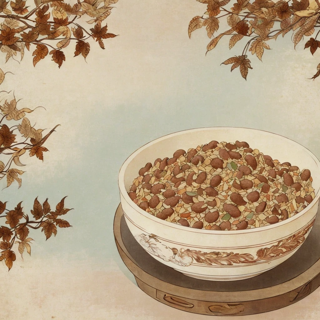 Vintage film look applied to an image of homemade dog food in an antique bowl, with slightly muted colors and film grain effect