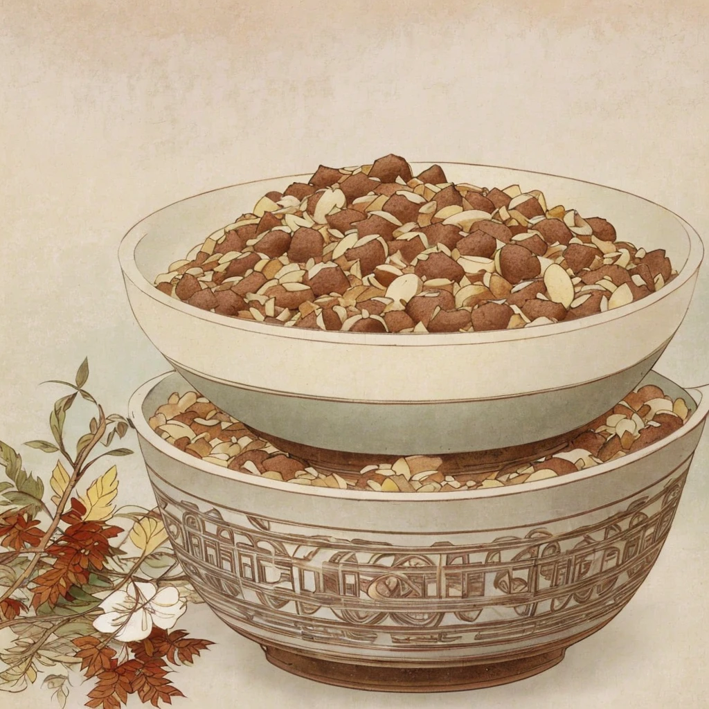Vintage film look applied to an image of homemade dog food in an antique bowl, with slightly muted colors and film grain effect