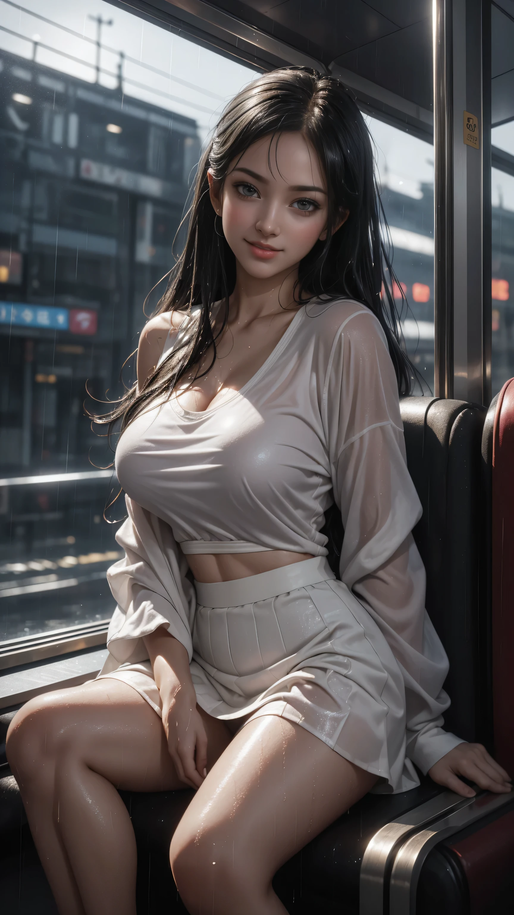 ((A girl running through the streets of New York))、(RAW shooting, Photorealistic:1.5, 8K, Highest quality, masterpiece, Ultra-high resolution), Perfect dynamic composition:1.2, Night Street Corner, Looking up at the sky:1.3, (((Heavy rain from a typhoon))), Highly detailed skin and face textures:1.2,( 雨にwetスリムな女性:1.3), Sexy beauty, Perfect Style:1.2, Aesthetic and beautiful, Fair skin, Very beautiful face, (Rain dripping all over my body:1. 2, wet髪:1.4, wet:1.2), Water droplets on the skin, (Medium sized breasts, Chest gap), (Shy laugh, The expression when feeling intense caressing, Facial expression when feeling pleasure), (Beautiful blue eyes, Beautiful erotic eyes:0.8), (Too erotic:0.9, Alluring:0.9),((wet白いブラウス))、((wetタイトスカート)) Second bag, Perfect body, Perfect fingertips(Girl sitting on train seat)、Best quality work,Actual work,Ultra Premium Graphics,8K HD CG works,High quality graphics,High-definition CG works,10x pixels,Extremely fine detail:1.1,Advanced Technical Details:1.1 Photorealistic,Indoor lighting effects:1.5,Natural light:1.5. Light effects(virtual Light effects:1.8),(Golden white short hai(RAW shooting, Photorealistic:1.5, 8K, Best lift up skirt
