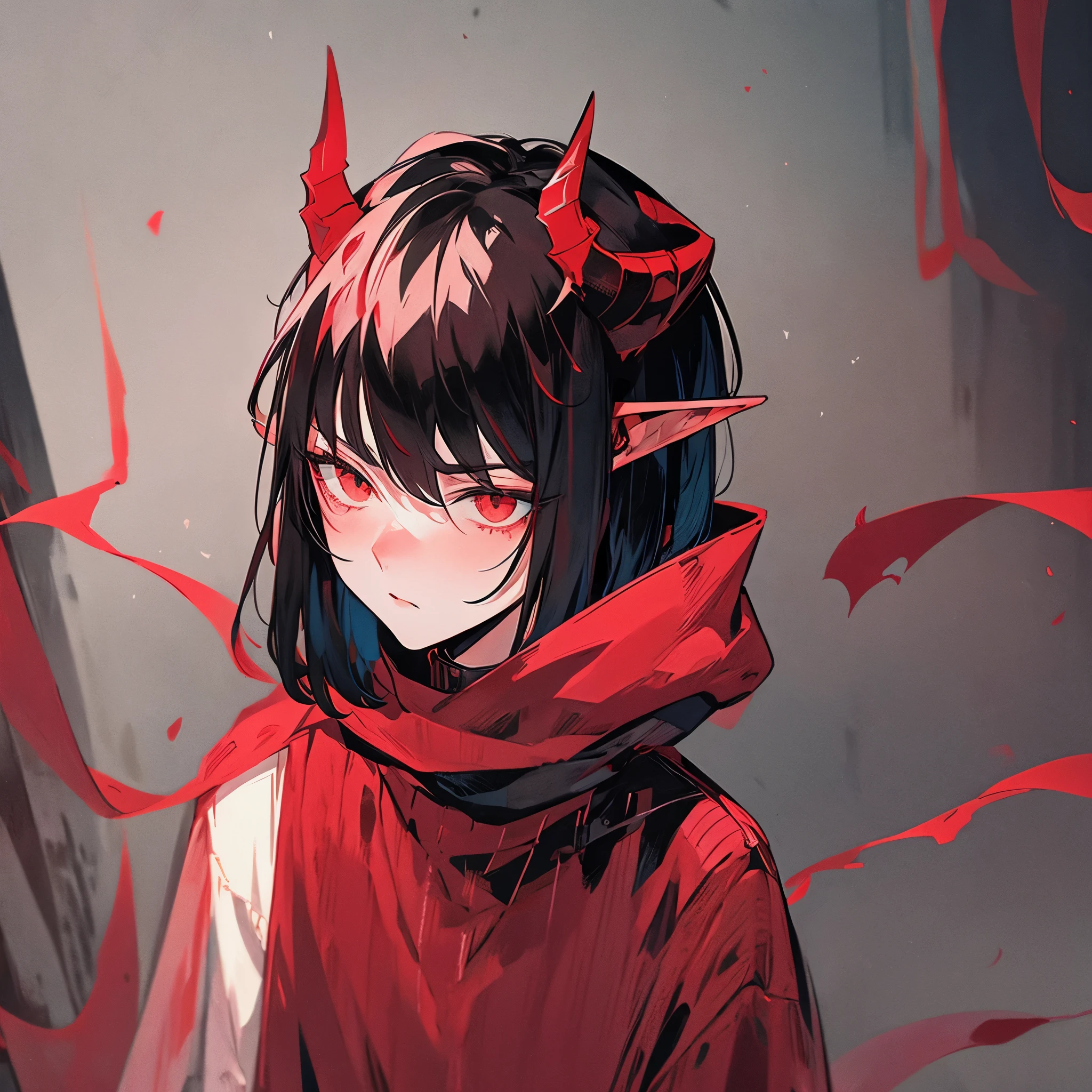 alone 1boy, masculino, s0fth0rns, red clothes , short black hair , with 2 horns in the head