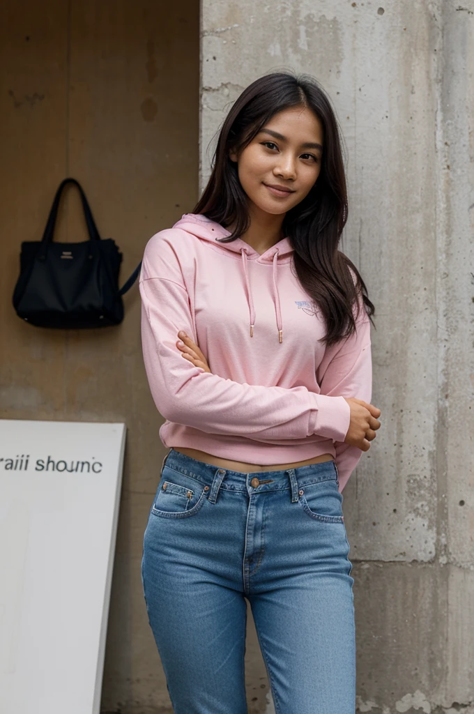 a beautiful 26 year old Indonesian girl wearing a pink hoodie, blue jeans and sneakers, is standing in front of a shop wall, her facial expression is very elegant Her facial expression was very elegant, smiling sweetly, the beautiful girl was holding a book in her arms 