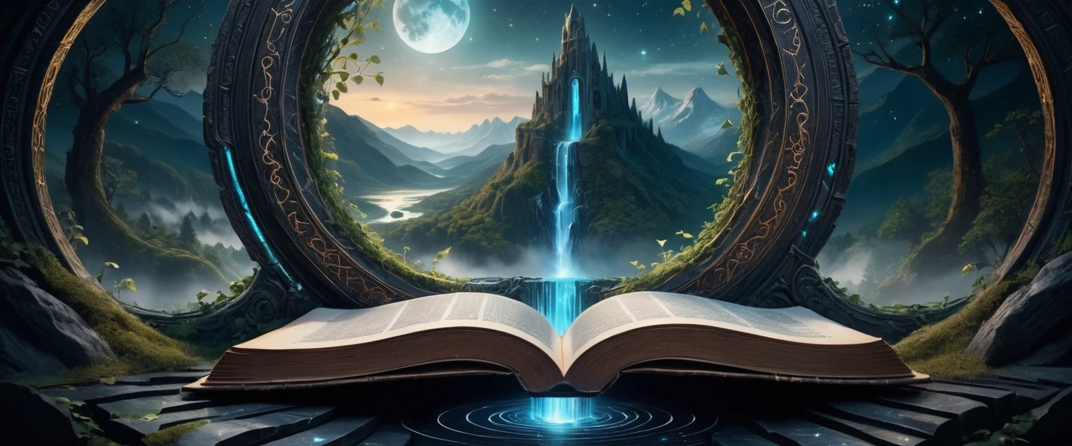 top- down, fantastical and surreal scene, closeup inside of an enormous ancient book standing upright with its pages open revealing a magical portal, portal inside the book pages, Through the portal is a breathtaking landscape unfolds, towering mountains, a cascading waterfall, a serene river winding through lush enchanted forests, The edges of the book are adorned with intricate glowing runes and vines, the book resting on obsidian floor, mystical touch, illuminated by a crescent moon and twinkling stars, dreamlike and otherworldly atmosphere, sense of adventure and wonder, , , 