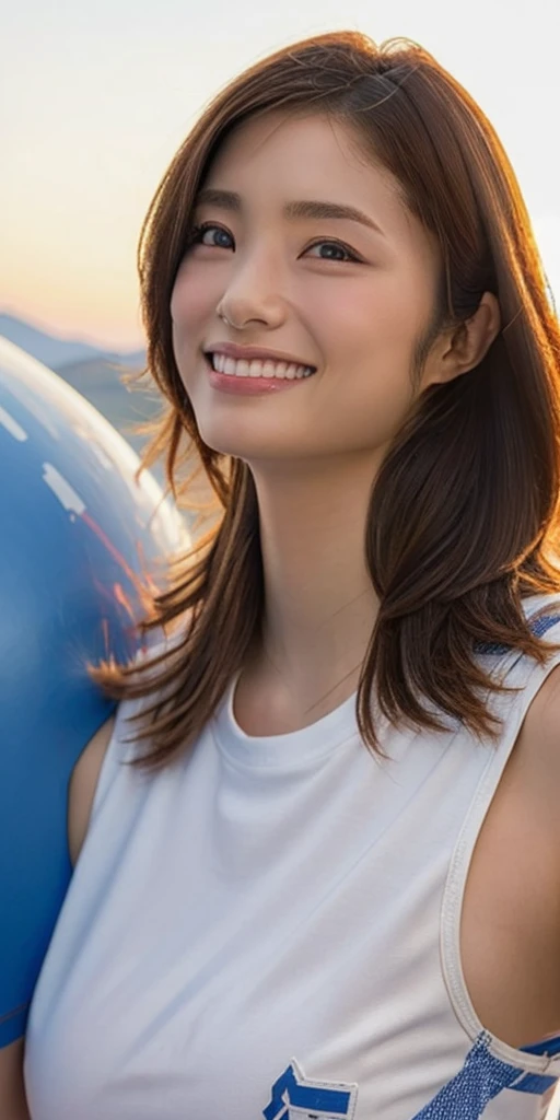 Highest quality, masterpiece, (Realistic:1.2), (uetoaya), smile, head shot, Backlight, Silhouette Lighting, Shirt lift, Tomboy, Brown long hair, Hair on one eye, blue eyes, front, Detailed face, Beautiful Eyes, Oily skin, Sweat a lot, Fitted, bikini, Underbust, Santorini, Greece