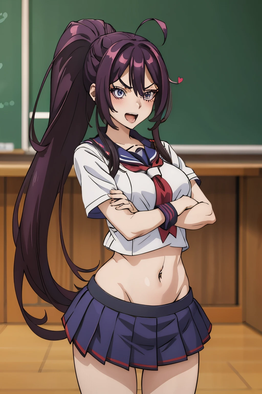 1girl, kanzaki rin,, standing,
deep purple eyes, dark purple hair, long hair, ponytail, medium breast, ear piercing, long hair, blush, lipstick,Hot girl, baddie, staring, glaring, bad attitude, mean girl, dare, angry, hate, crazy, smoking, sensual, attractive ,masterpiece, best quality, highly detailed, a anime girls in sailor uniforms with a gun posing for a picture,
evil smile, smile, open mouth,black_serafuku, ecchi anime style, anime girls , (nsfw) not safe for work,
ecchi style, ecchi, shipgirls, digital anime art!!, high school girls, holding a gun, hold a gun, anime style 4
k, micro skirt, exposed belly, exposed navel, exposed midriff,
exposed lower belly,school, classroom, navel piercing