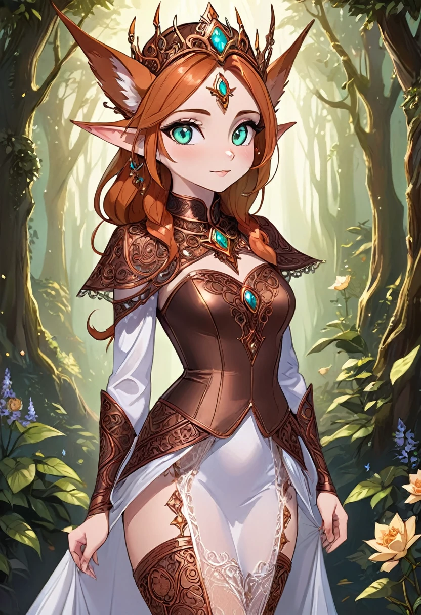 Steampunk inspired elven princess. copper wire necklaces and bangles. Crown of fine copper wire. copper coloured tatoos cover her face and body intricate and beautiful designs. LArge pointed ears that end in curlicues. Hands on hips. Ember colored eyes adorned with intricate copper wireing. a Pure white dress, hemmed with copper, covered in copper lace and filligree. cppper designs cover the skirt in a kaleidoscope of intricate copper designs. Background is magical verdant forrest. Her visage is a mesmerizing blend of Alison-Brie, Scarlett-Johansson, and Laura Vandervoort, creating a unique, symmetrical face that exudes elegance and grace. Copper colores face tattoos. Copper colored are, and chest tatoos. Cozy, romantic lighting. Cheerful smile. Copper hair that shimmers and sparkles in the lights. Hourglass figure. copper lips.