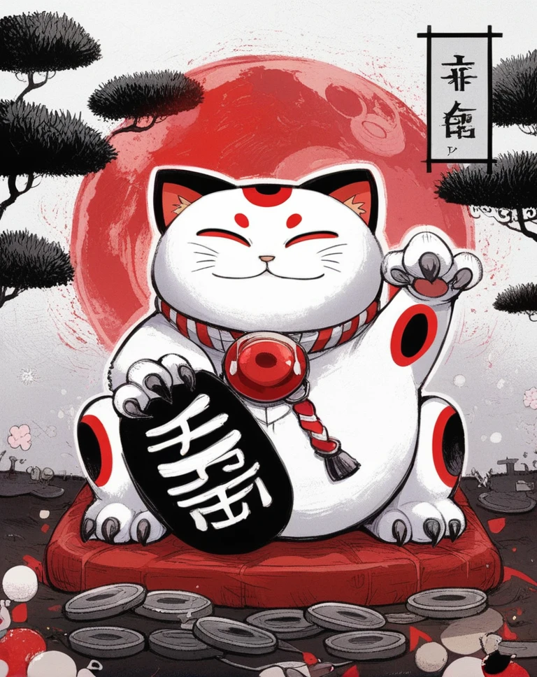 uma pintura de um gato sentado em uma pilha de moedas, Estilo de arte japonesa, anime cat, inspirado em Gatoken Shunshi, gato samurai, inspirado em Takeuchi Seiho, Estilo de desenho animado japonês, inspirado em Hanabusa Itchō, inspirado em Kaigetsudo Anchi, inspirado em Kanō Masanobu