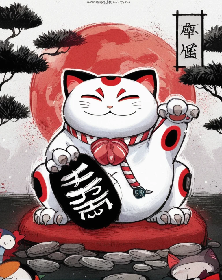 uma pintura de um gato sentado em uma pilha de moedas, Estilo de arte japonesa, anime cat, inspirado em Gatoken Shunshi, gato samurai, inspirado em Takeuchi Seiho, Estilo de desenho animado japonês, inspirado em Hanabusa Itchō, inspirado em Kaigetsudo Anchi, inspirado em Kanō Masanobu