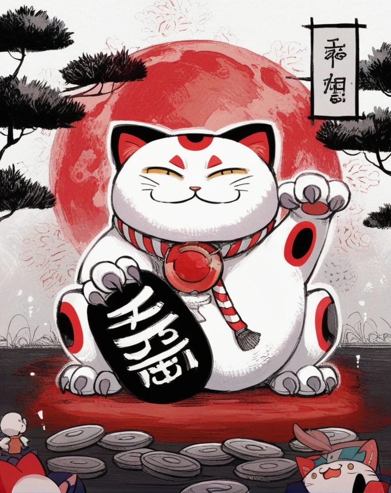 uma pintura de um gato sentado em uma pilha de moedas, Estilo de arte japonesa, anime cat, inspirado em Gatoken Shunshi, gato samurai, inspirado em Takeuchi Seiho, Estilo de desenho animado japonês, inspirado em Hanabusa Itchō, inspirado em Kaigetsudo Anchi, inspirado em Kanō Masanobu