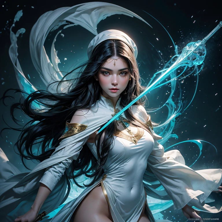 ((ultra realisitic)), ((picture-perfect)), ((face perfect)), ((ultra detaild)), ((fully body)), ((perfectbody)), a girl with long black hair and green eyes in white and blue priestess clothing, sensual clothes, holding a magic staff, Ablaze, fully body
