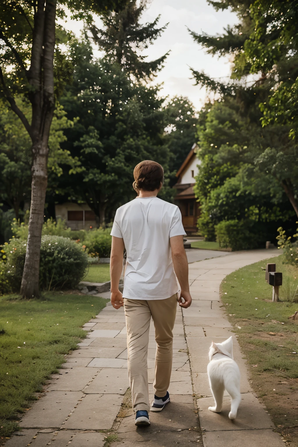 A 30-year-old brown-haired man walking along a path towards a house with a white cat with red eyes in his arms