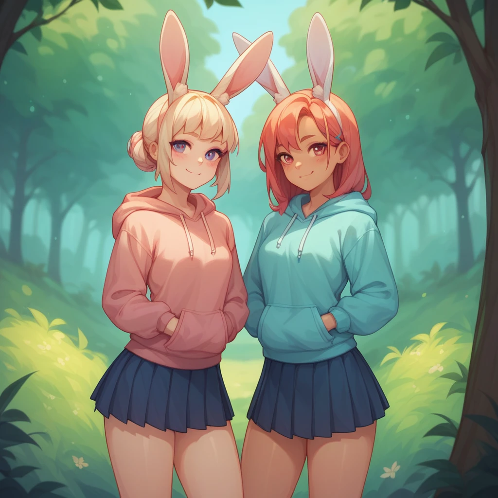 ayb, Best girl, rabbit ears, hoodie, skirt, forest background