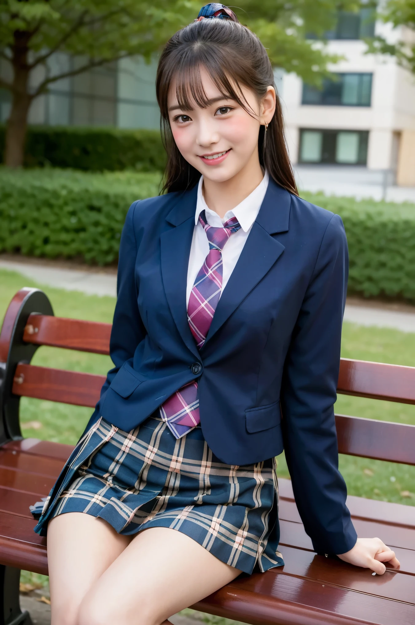 (8K), (highest quality: 1.2), (Realistic), (Realistic: 1.37), Ultra-high resolution, 1 girl, cute, (Embarrassed smile:1.2), (Blushing:1.5),Mouth closed, 赤いリップ,Beautiful details, Beautiful Nose, Wet Hair,bangs, giant dulcefo, pork, Thighs,Navel exposed,University Student Uniform,(A simple blazer),(Pleated skirt),(The skirt and tie are tartan check pattern.:1.3),(Platform boots:1.2), (sitting on a beautiful park bench:1.2),(reading a book),(Shiny Thighs:1.2), medium shot