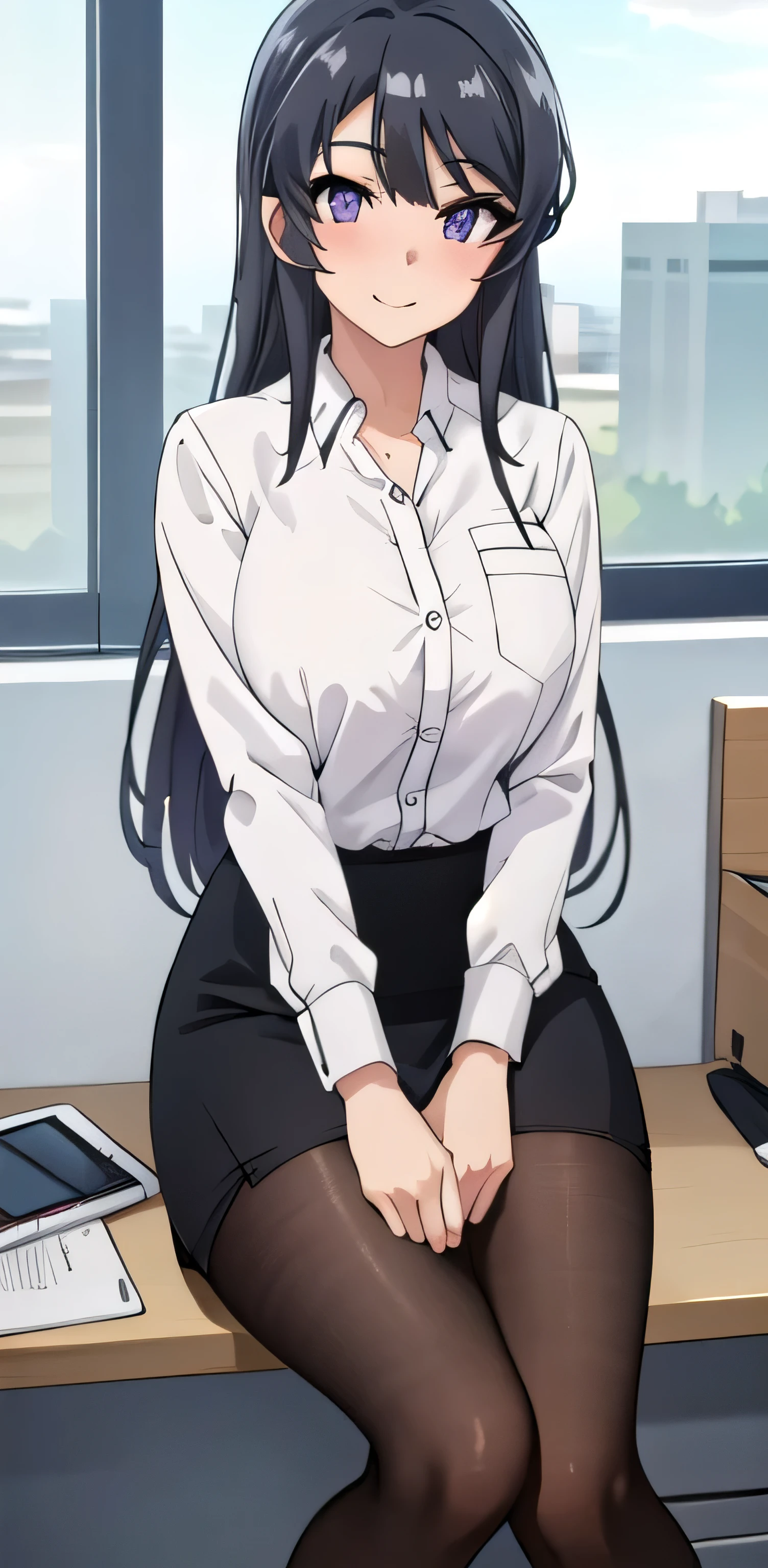 best quality, masterpiece, highres, solo,((masterpiece, best quality)), mai sakurajima, long hair, black hair , mature woman, 20y, purple eyes, beautiful eyes, detailed eyes, thick_thighs, shirt, skirt, pencil skirt, office, office lady, short skirt, blush, smile, 