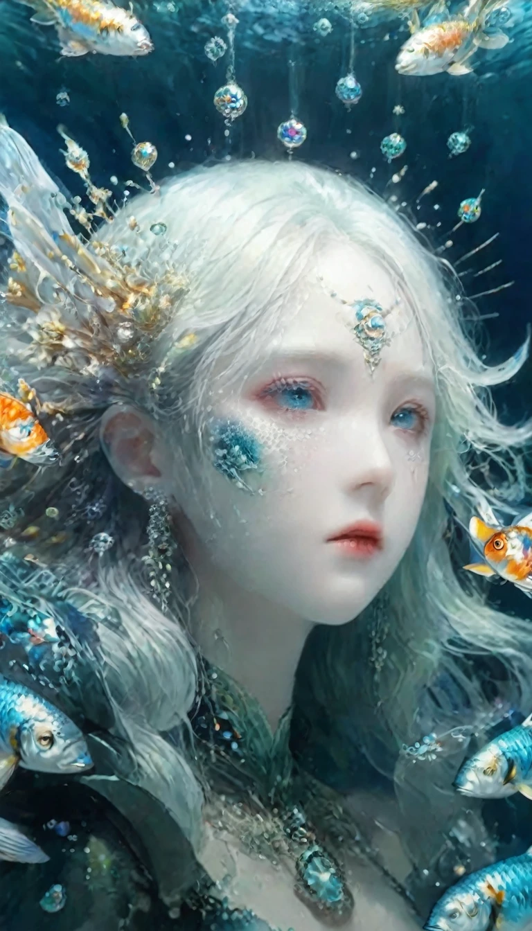 fractal,Shine,One Girl,きらきらShine, Veera, Extremely small light-emitting quantum dots, Extraterrestrial、Many lanterns, conceptual art of marine life, Underwater scenery, Life at sea,beautifulサンゴ礁にはさまざまな形がある, 3d,, fish, Female anime fantasy illustration. Long white hair scattered in the sea, drift, Very harmonious. The painting as a whole adopts a messy and imaginative style.. The colors are bright and saturated, With smooth lines. The mystery and beauty of the sea, The painting depicts an underwater world full of life and vitality., Animation Art Wallpaper 8K、Mermaid、人fish姫。Publish、beautiful