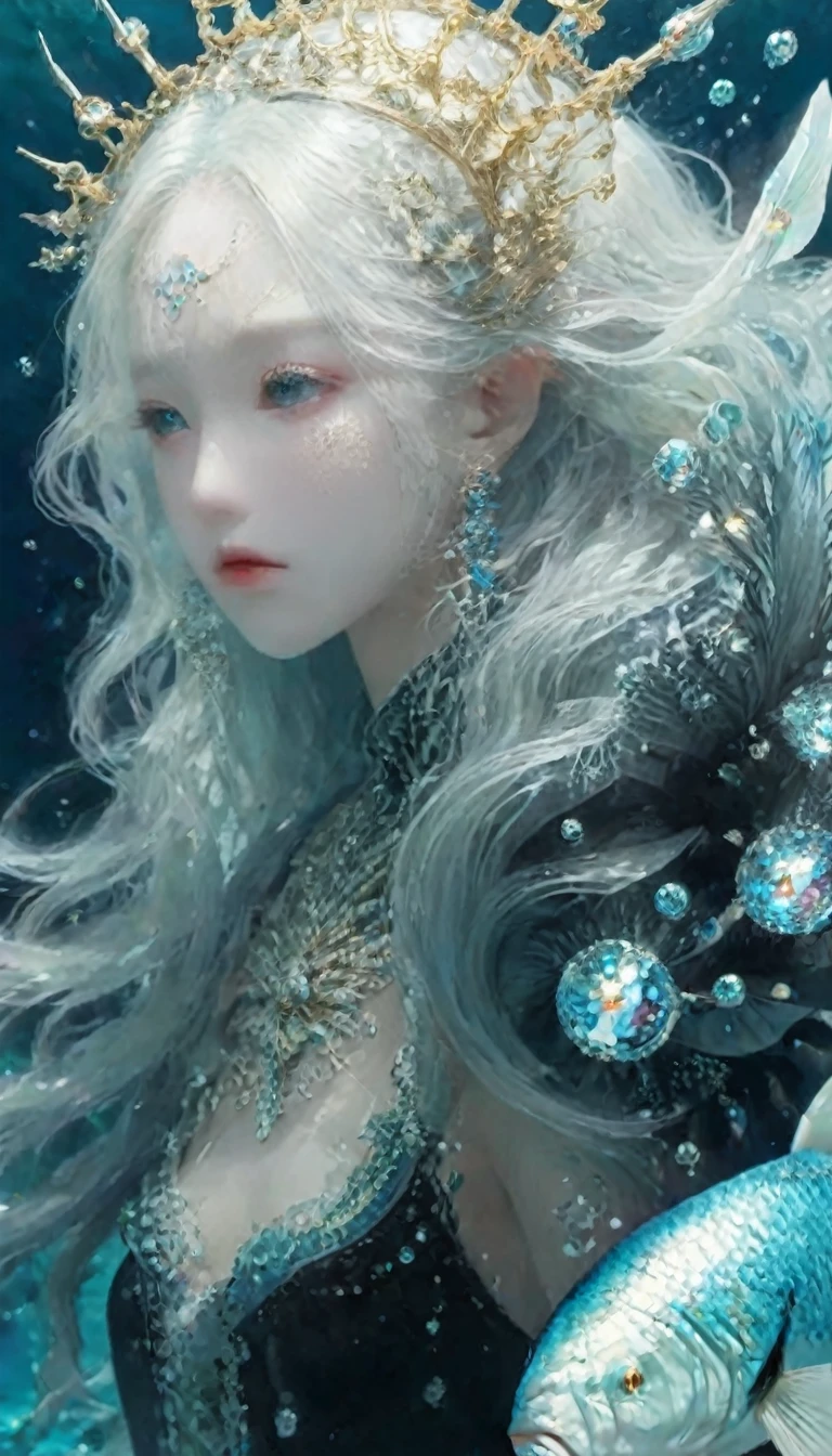 fractal,Shine,One Girl,きらきらShine, Veera, Extremely small light-emitting quantum dots, Extraterrestrial、Many lanterns, conceptual art of marine life, Underwater scenery, Life at sea,beautifulサンゴ礁にはさまざまな形がある, 3d,, fish, Female anime fantasy illustration. Long white hair scattered in the sea, drift, Very harmonious. The painting as a whole adopts a messy and imaginative style.. The colors are bright and saturated, With smooth lines. The mystery and beauty of the sea, The painting depicts an underwater world full of life and vitality., Animation Art Wallpaper 8K、Mermaid、人fish姫。Publish、beautiful