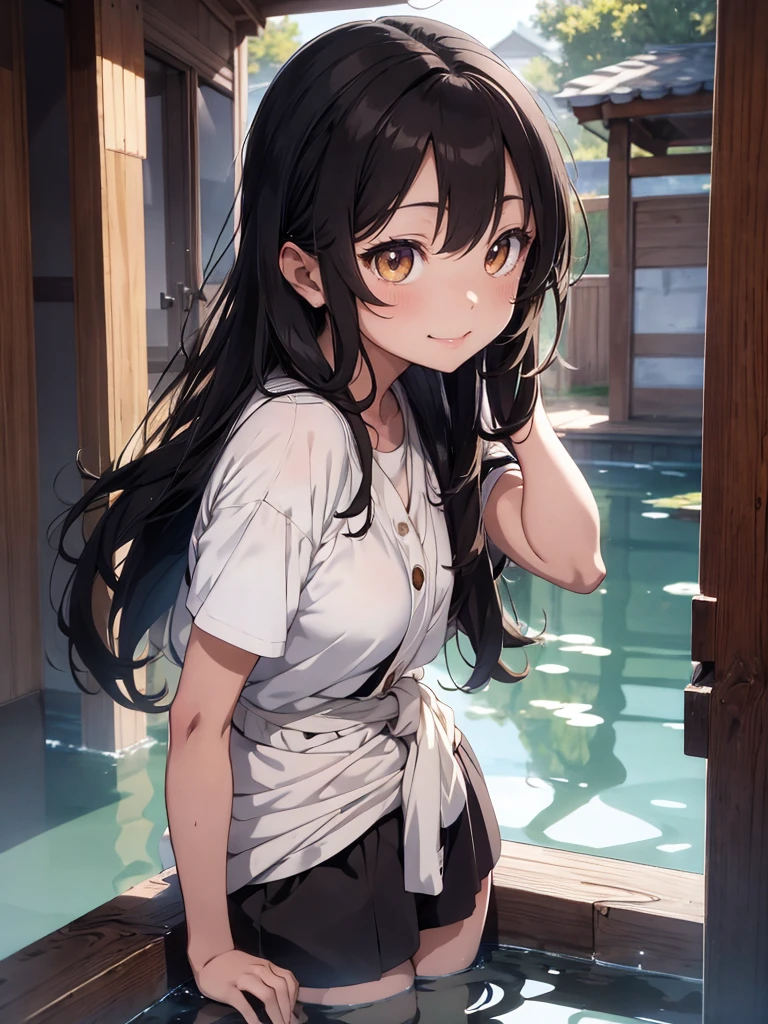 Big eyes, the pinnacle of anime illustration, moe style illustration, the best of the best, masterpiece, extremely detailed, master piece, extremely detailed, high resolution, Haruba Negi style, after a bath, curious eyes, glossy, plump lips, glossy hair, above the waist, girl, hands on hips, semi-long hair, brown hair, smiling with mouth closed, full body, mid-bust, slim waist, hot spring, above the waist, side view
