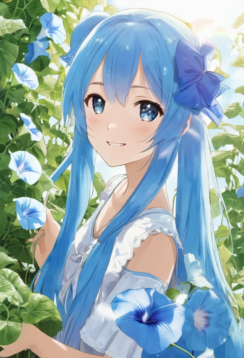 Light blue long hair beautiful girl with twin tails Morning glory market Summer sky Summer sunshine Morning glory market赤い浴衣の美少女 Many potted morning glories are lined up Bright smile