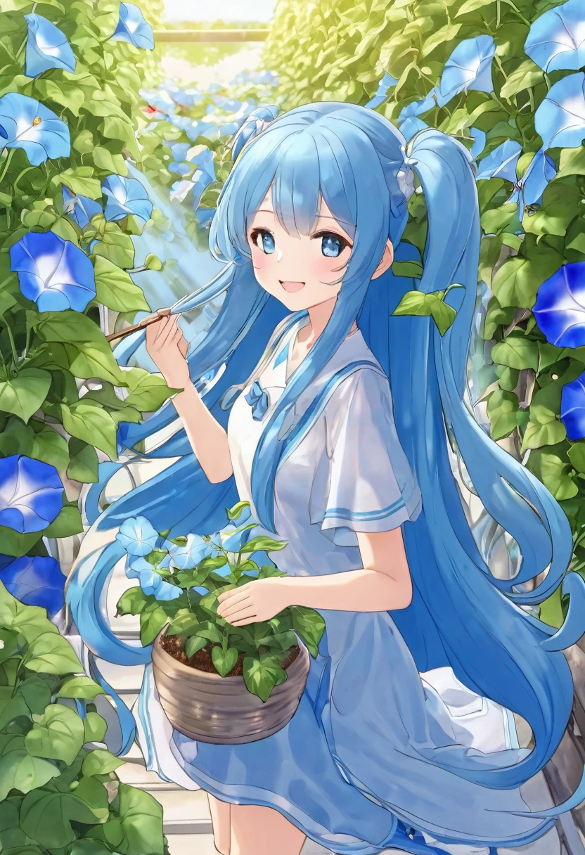 Light blue long hair　beautiful girl with twin tails　Morning glory market　Summer sky　Summer sunshine　Morning glory market赤い浴衣の美少女　Many potted morning glories are lined up　Bright smile　