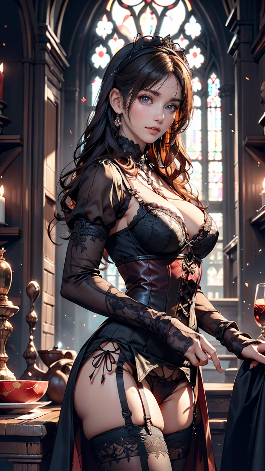 Highest quality, masterpiece, Ultra-high resolution, (reality: 1.9), (((Absolute full-length images,Front view))),Japan Maiden 、 ((Ultra-Realistic Details)) 、 Portraiture 、 Global Illumination 、 Shadow 、 Octane Rendering 、 In 8K 、 Ultra Sharp 、 ( Crimson leather corset and panties、garter belt)、 ((Bondage and Gothic ta)) 、Intricate decorative details 、 Cool colors 、 More about Gothic Loli Very intricate detail 、 Realistic Light 、 CG Trends、Sparkling eyes、To the camera、A cup small breasts、Full body upright position、The background is the cathedral