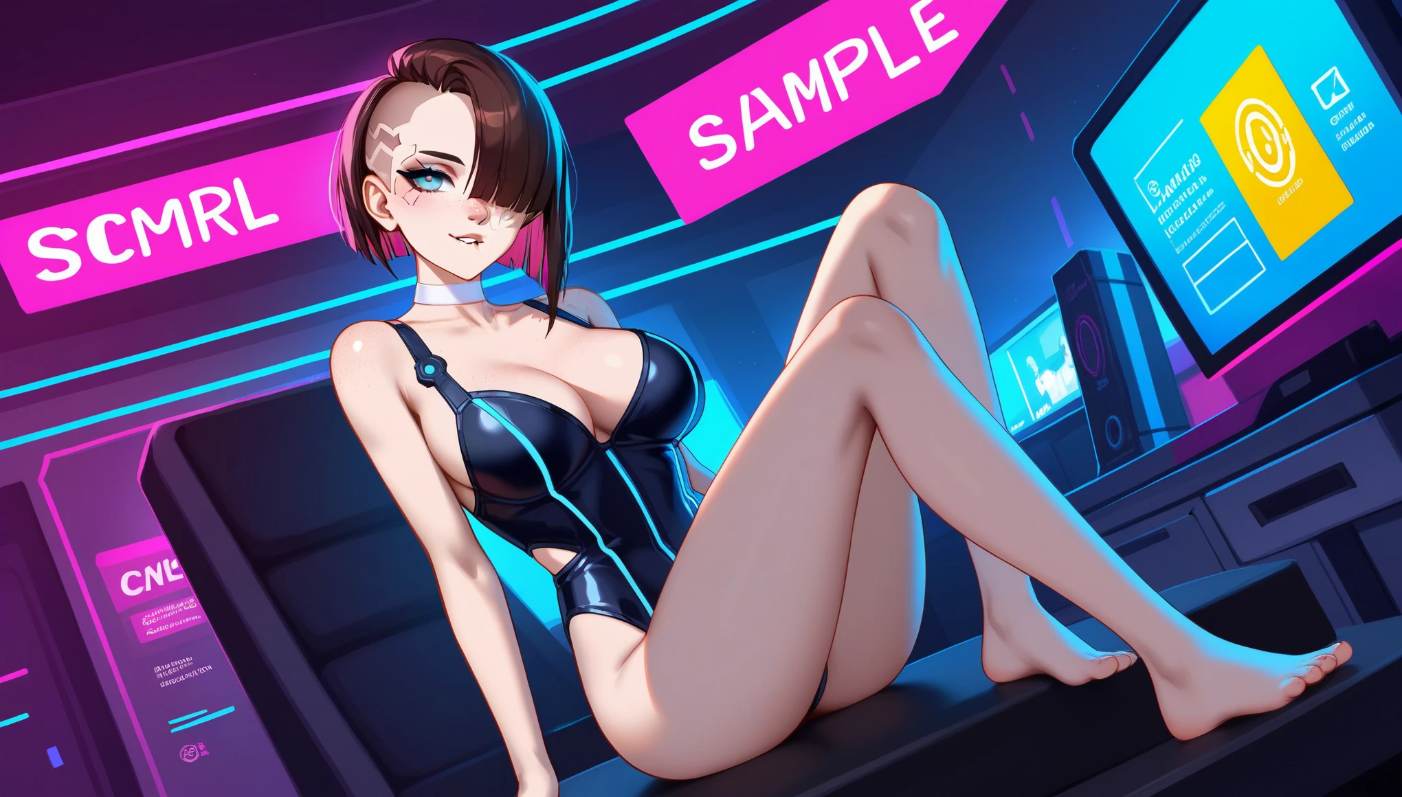 Create a digital anime-style image of a young woman with a modern, brunette, hair cut side shaved head, eyes blue, lips atractive, beatiful fitness of her body. edgy appearance standing confidently in a dimly lit room with a cyberpunk aesthetic. The woman should tight small suit cyberpunk, sample legs and foot, legs open frontal bedroom, styled hair with vibrant colors, The room cyber high details. hair over 1 eye, cute nose, biting lip,seductive,white choker, pink lips, freckles, large breasts, pretty girl