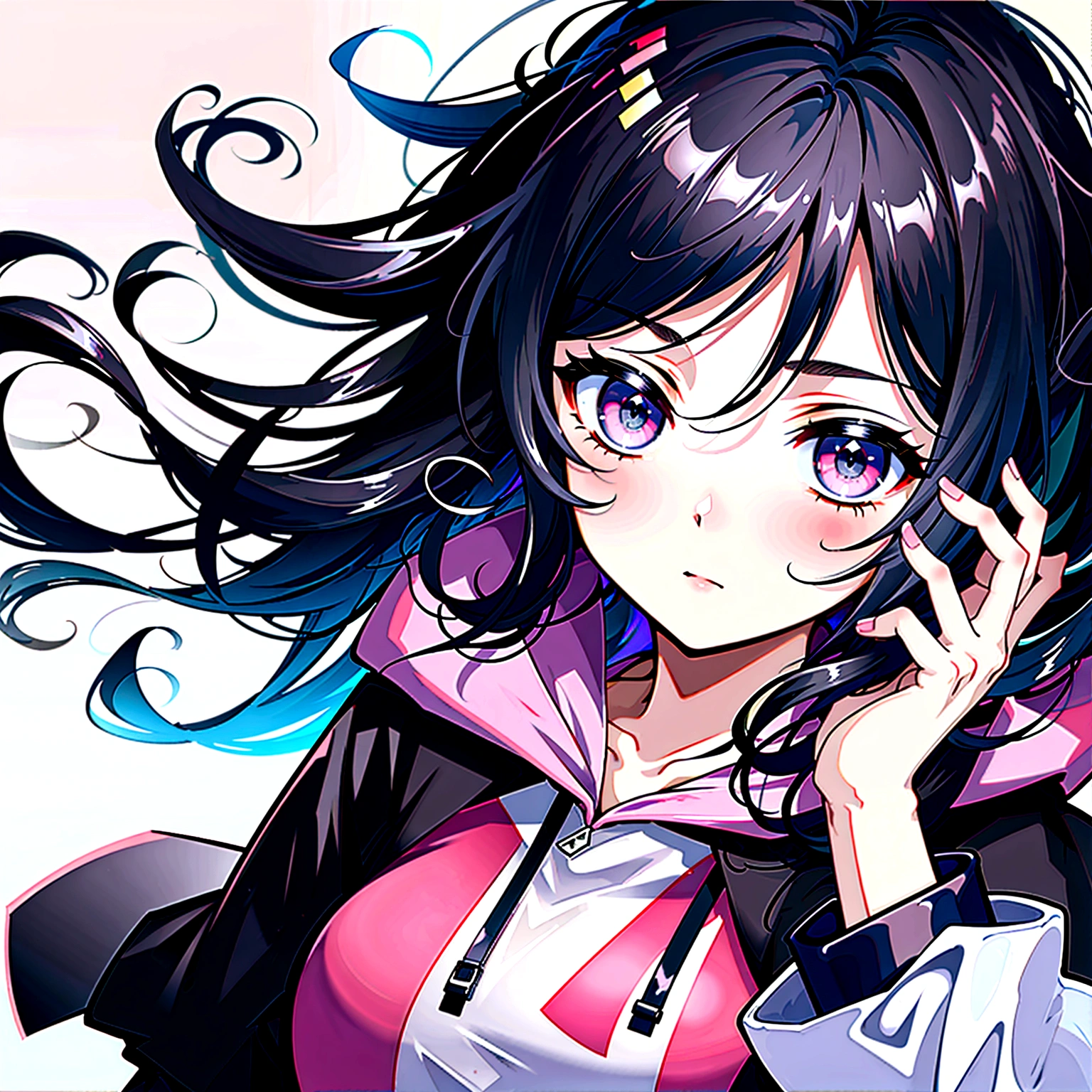 the best quality, 4K, 8K, High resolutions, Masterpiece artwork, portraite, 1 girl, curly black hair, hazel eyes, frekles, Caucasian skin, baby pink hoodie