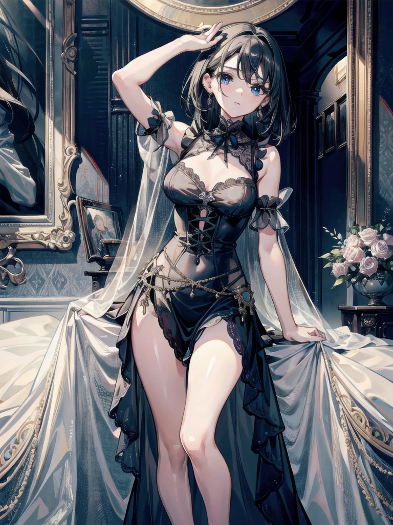 absurdres, RAW photo, extremely delicate and beautiful, masterpiece, Best Quality, ultra high resolution, 32k, hyperrealistic, ultra-detailed, perfect figure, in her 20s, very small head, very small face, delicate facial features, tearful mole, earring, huge breasts, legs, full body shot, medium hair, black hair, intricate Romantic Victorian Gothic Outfit,