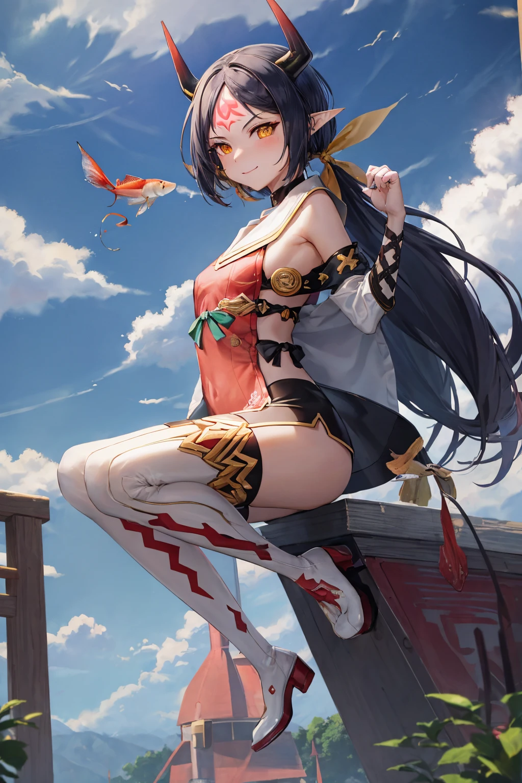 masterpiece, best quality, 1girl, solo, dsaravi, smile, black hair, yellow eyes, pointy ears, very long hair, twintails, ahoge, horns, forehead mark, hair ribbon, red tabard, chest belt, elbow gloves, thighhigh boots, black shorts, small breasts, sitting, outdoors, village, rain, windmill, holding fish, red arowana fish,