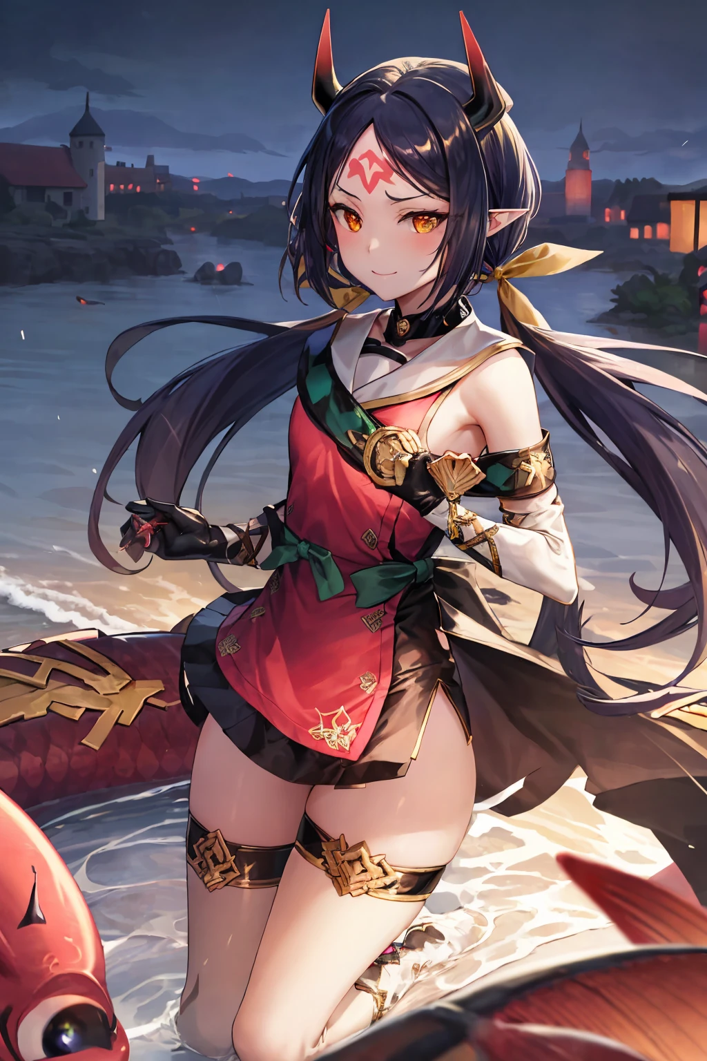 masterpiece, best quality, 1girl, solo, dsaravi, smile, black hair, yellow eyes, pointy ears, very long hair, twintails, ahoge, horns, forehead mark, hair ribbon, red tabard, chest belt, elbow gloves, thighhigh boots, black shorts, small breasts, sitting, outdoors, village, rain, windmill, holding fish, red arowana fish,