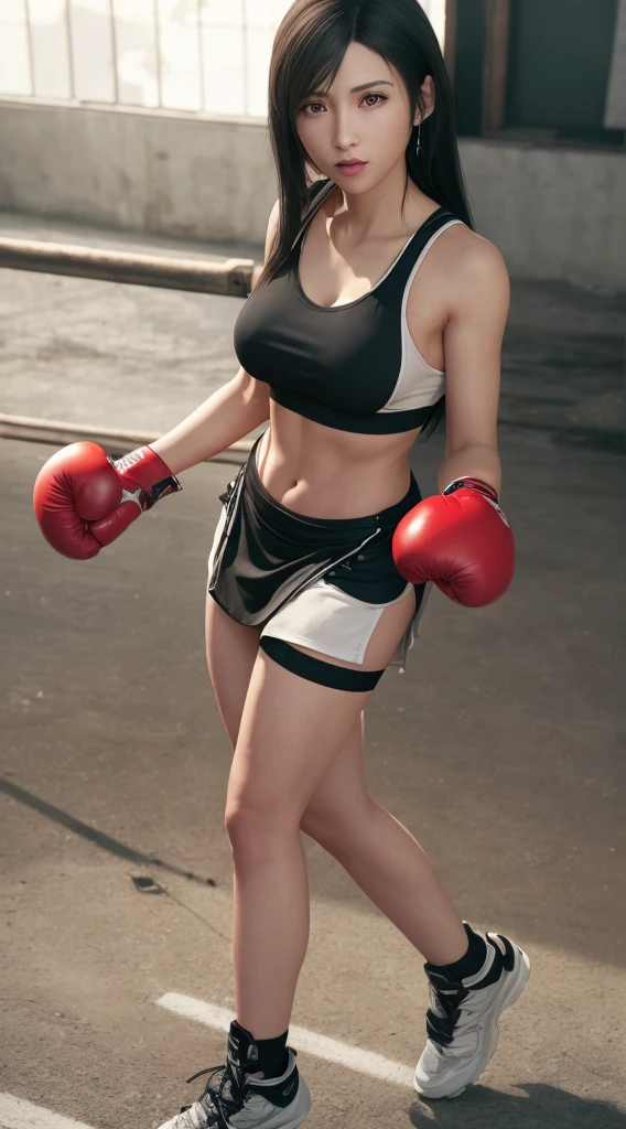 (photorealistic:1.4), best quality,realistic, masterpiece, an extremely delicate and beautiful, CG,extremely detailed ,highres, extremely detailed,
1girl, tifa_lockhart, beautiful detailed girl,full body, realistic, suspender skirt, sports bra, black hair, long hair,boxing gloves,
beautiful detailed red eyes, light on face, cinematic lighting,serious face, dinamic pose