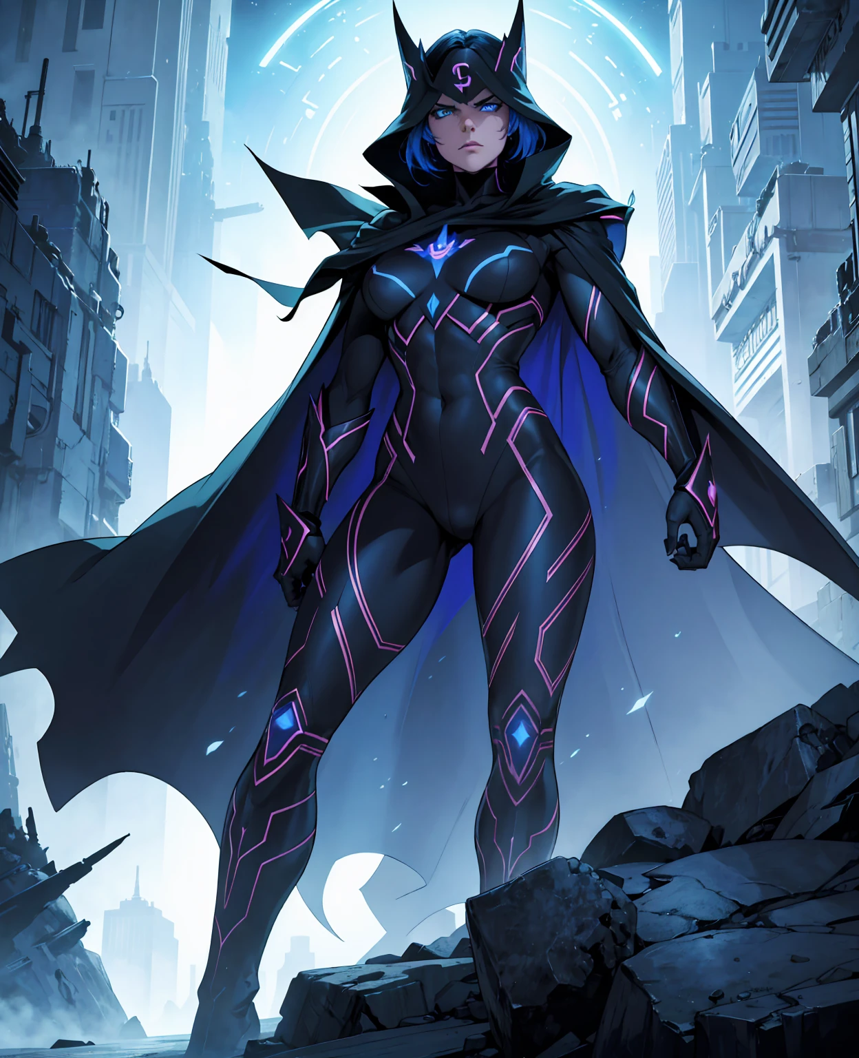 A powerful superhero with dark vision, dark matter energy manipulation, extremely detailed muscular body, striking blue eyes, sharp angular features, flowing cape, heroic pose, dark sci-fi cityscape background, moody dramatic lighting, cinematic composition, digital art, concept art style, high quality, 8k, photorealistic