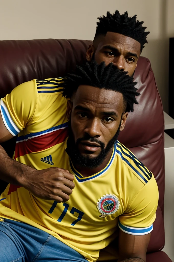 Animated image of a man watching the Colombia national team match in the state with the shirt that says Stiven