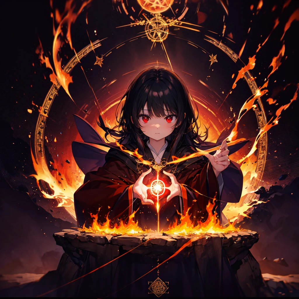 ((((witch)))) (((wand of flame magic circle background))) ((Black Hair witchの帽子 Red eyes)) ((Big Explosion fire)) (Magic Robe Black Hole) incantation Runes Shining Background Shining Edge