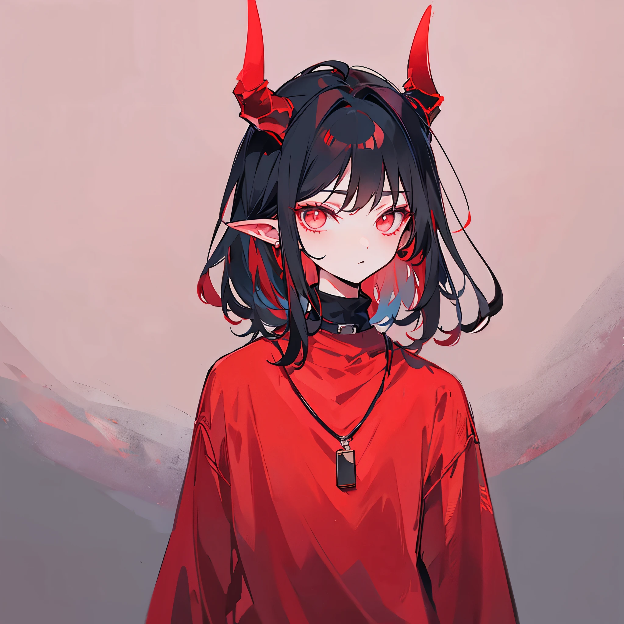 alone 1boy, masculino, s0fth0rns, red clothes , short black hair , with 2 horns in the head