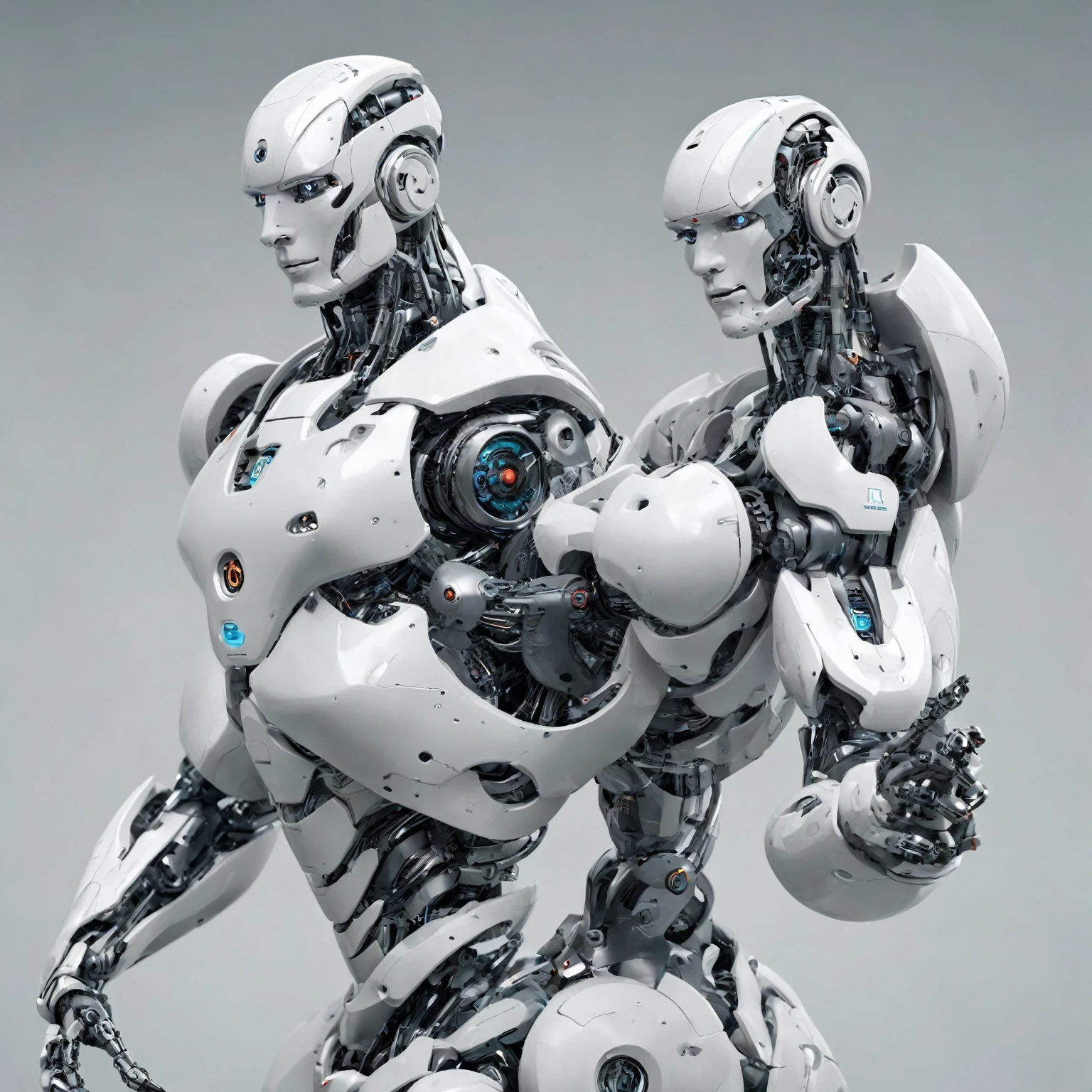 Generate an image of an instructor conducting an artificial intelligence workshop in a modern training room. Participants must be attentive and engaged, with open laptops and study materials. The image must include AI visuals, like graphics, robots and neural networks, highlighting learning and training.