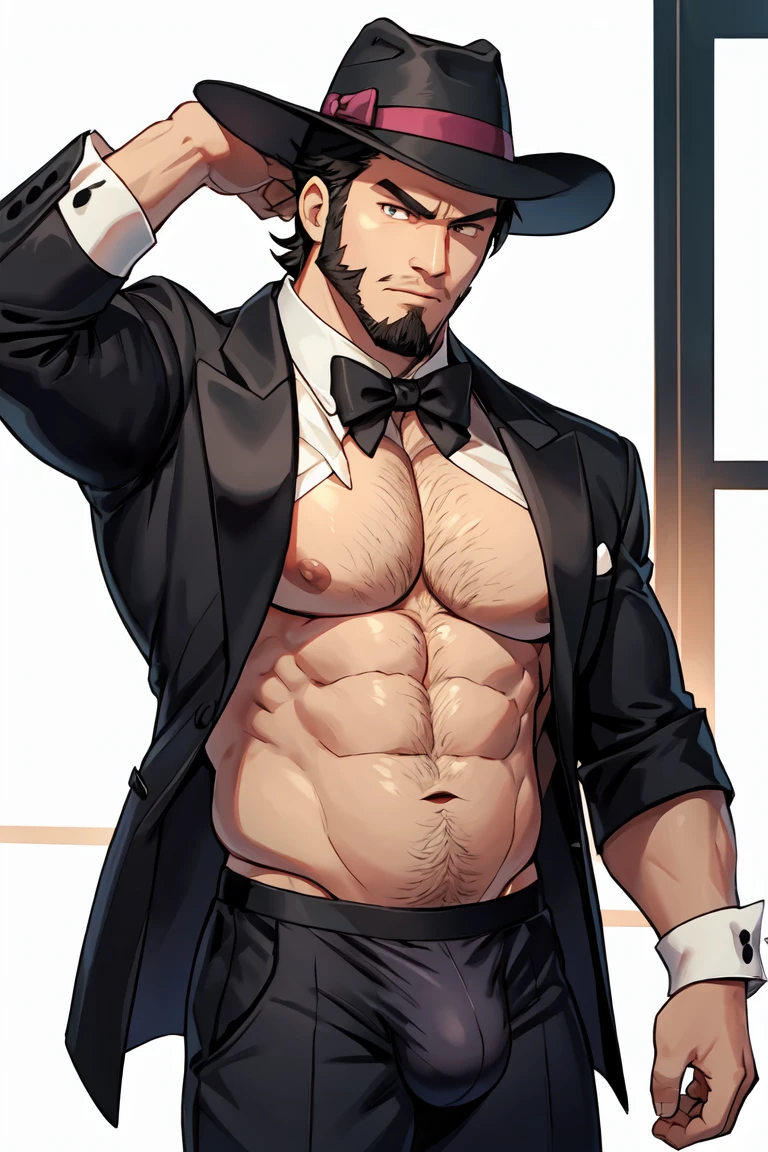 score_9, score_8_up, score_7_up, score_6_up, score_5_up, score_4_up, 1boy, big_pectorals, big_muscles, dad_bod, soft_belly, ((black_fedora_hat)), dark_ambiance, stubble_beard, serious, bulge, ((tuxedo with rolled up sleeves))