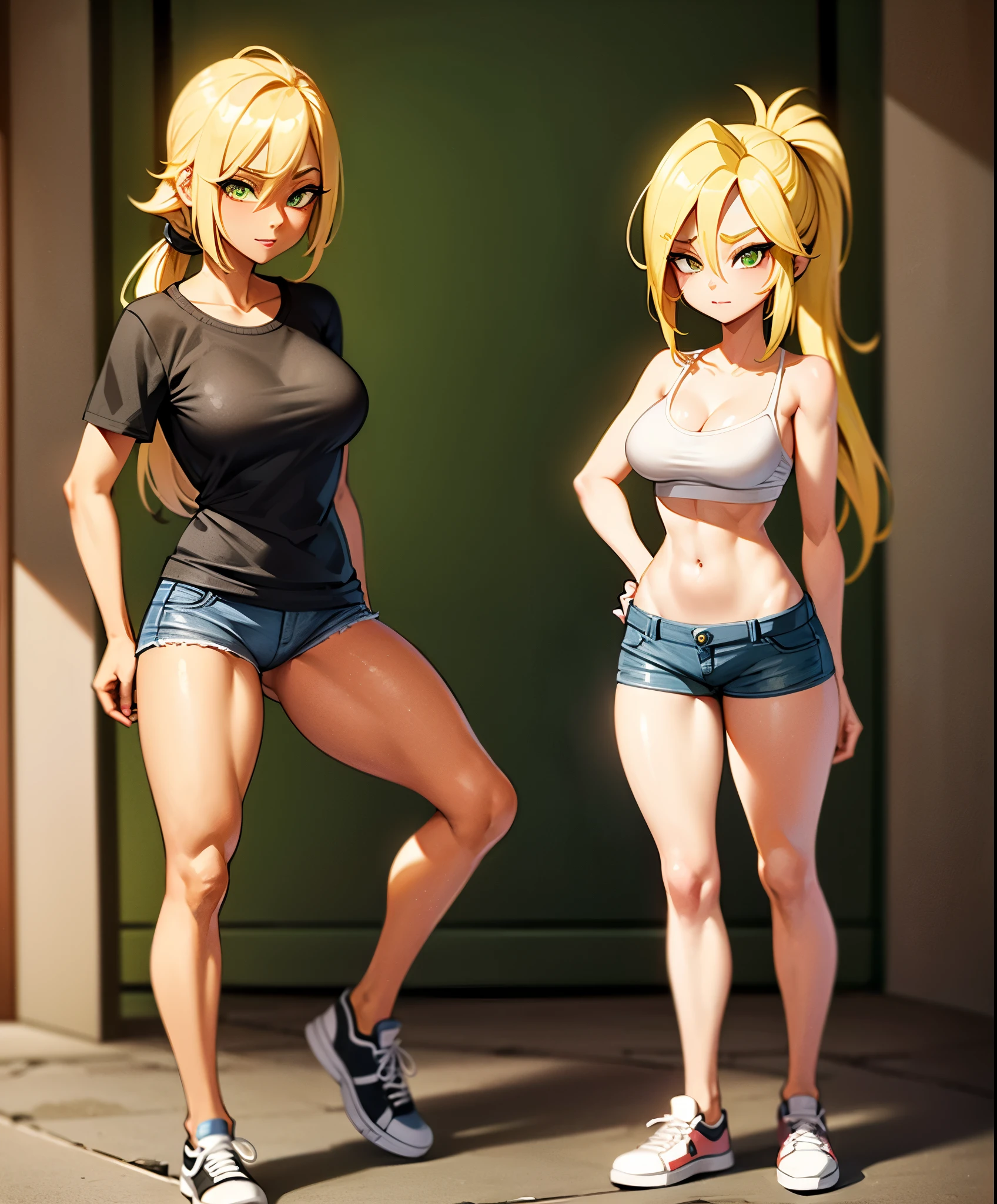 Chica bandicoot, sexy young girl, good body, light yellow hair, long ponytail hair, green eyes, blue jeans, black shirt, black tennis shoes, standing, stained with dirt