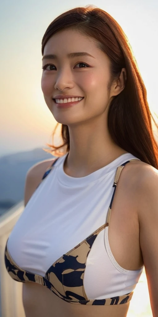 Highest quality, masterpiece, (Realistic:1.2), (uetoaya), smile, Backlight, Silhouette Lighting, Shirt lift, Tomboy, Brown long hair, Hair on one eye,  front, Detailed face, Beautiful Eyes, Oily skin, Sweat a lot, Fitted, bikini, Underbust, Santorini, Greece