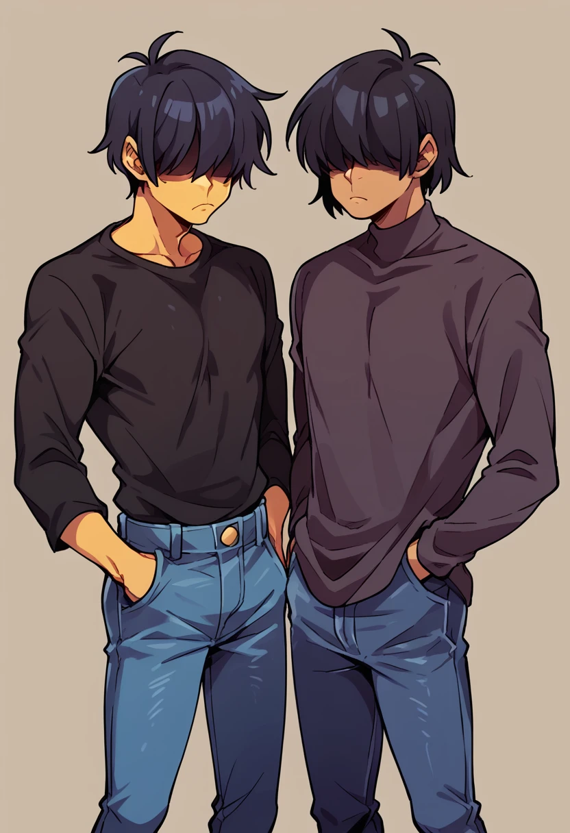 a boy with hair covering his eyes, hands in pockets, wearing jeans, inspired by Kris from Deltarune, dark background, serious look, dark shirt, black hair, dark image