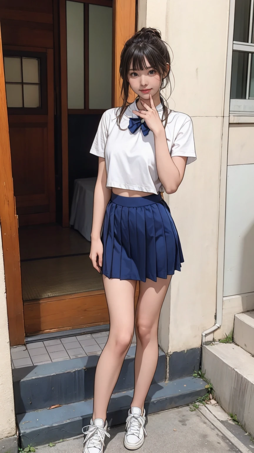 ((masterpiece)),(((Highest quality))),Thin thighs,Long legs,An 18-year-old woman standing on the steps of her school，Japan  uniform:1.5，White camellia floral lace bra:1.5,open chest white shirt，The best smile,Short-cut blonde:1.5，Wearing stylish sneakers，Standing with legs apart，Japan Gal Posing:1.5，