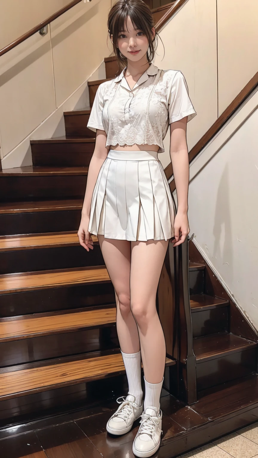 ((masterpiece)),(((Highest quality))),Thin thighs,Long legs,An 18-year-old woman standing on the steps of her school,Japan uniform:1.5,White camellia floral lace bra:1.5,open chest white shirt,The best smile,Short-cut blonde:1.5,Wearing stylish sneakers,Standing with legs apart,Japan Gal Posing:1.5,