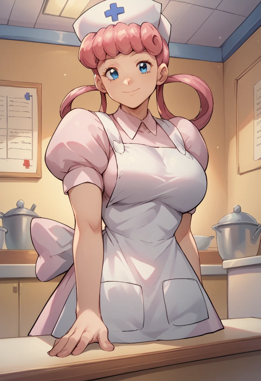 nanao yukiji style,, 1girl, solo, eppknursejoy, pink hair,  blue eyes, long hair, large breasts, hair rings, bumper bangs, looking at viewer, hat, dress, closed mouth, short sleeves, puffy sleeves, apron, puffy short sleeves, nurse cap, nurse, indoors, smile, infirmary,