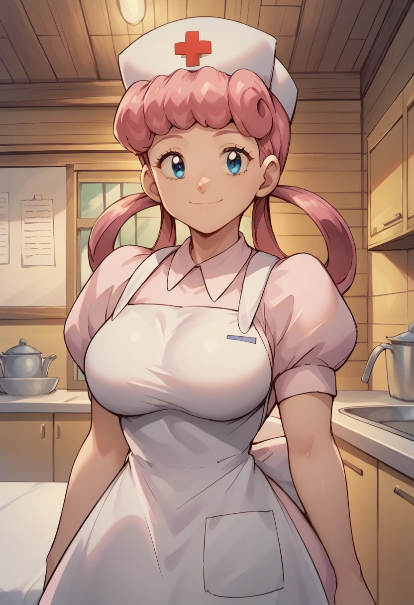 nanao yukiji style,, 1girl, solo, eppknursejoy, pink hair,  blue eyes, long hair, large breasts, hair rings, bumper bangs, looking at viewer, hat, dress, closed mouth, short sleeves, puffy sleeves, apron, puffy short sleeves, nurse cap, nurse, indoors, smile, infirmary,