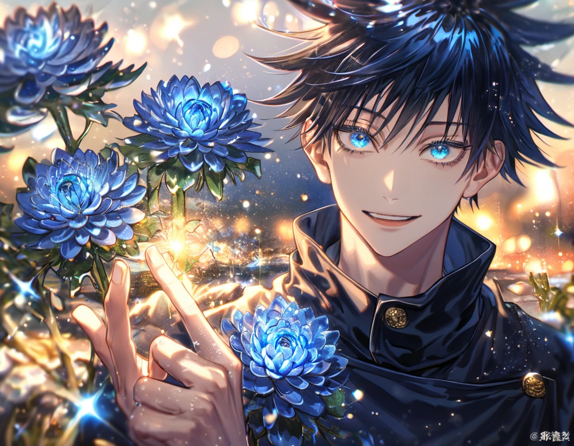 absurdres, highres, ultra detailed, HDR, master piece, best quality, extremely detailed, Fushiguro Megumi, black hair, expressive blue eyes, Jujutsu Kaisen, solo, sexy man, handsome, handsome smile, black uniform, fantasy, water, sparkling, blue glittering fireflies, blue moon, blue blossoms, blue chrysanthemums, blue sparkling lights, starry sky