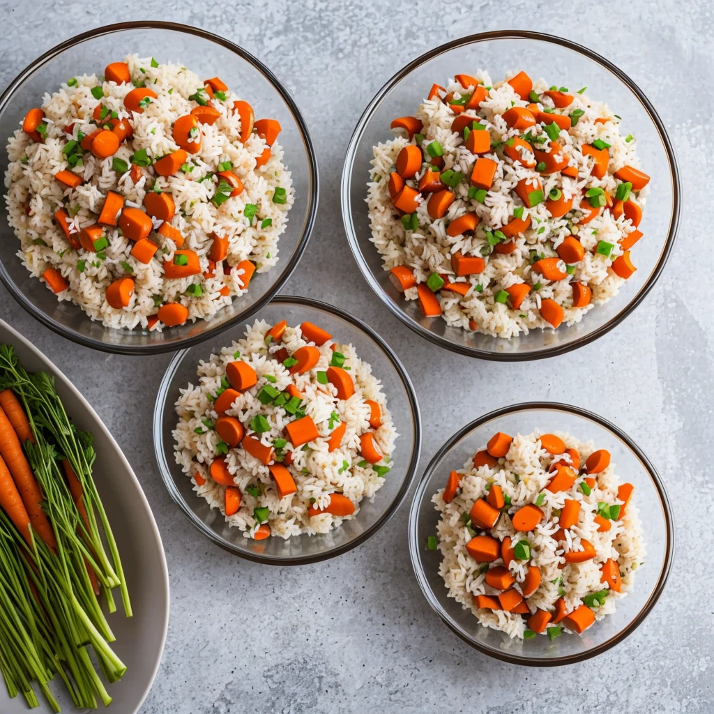 A modern glass bowl containing a vibrant mix of high-quality dog food, including visible pieces of chicken, carrots, and rice, looking irresistibly tasty