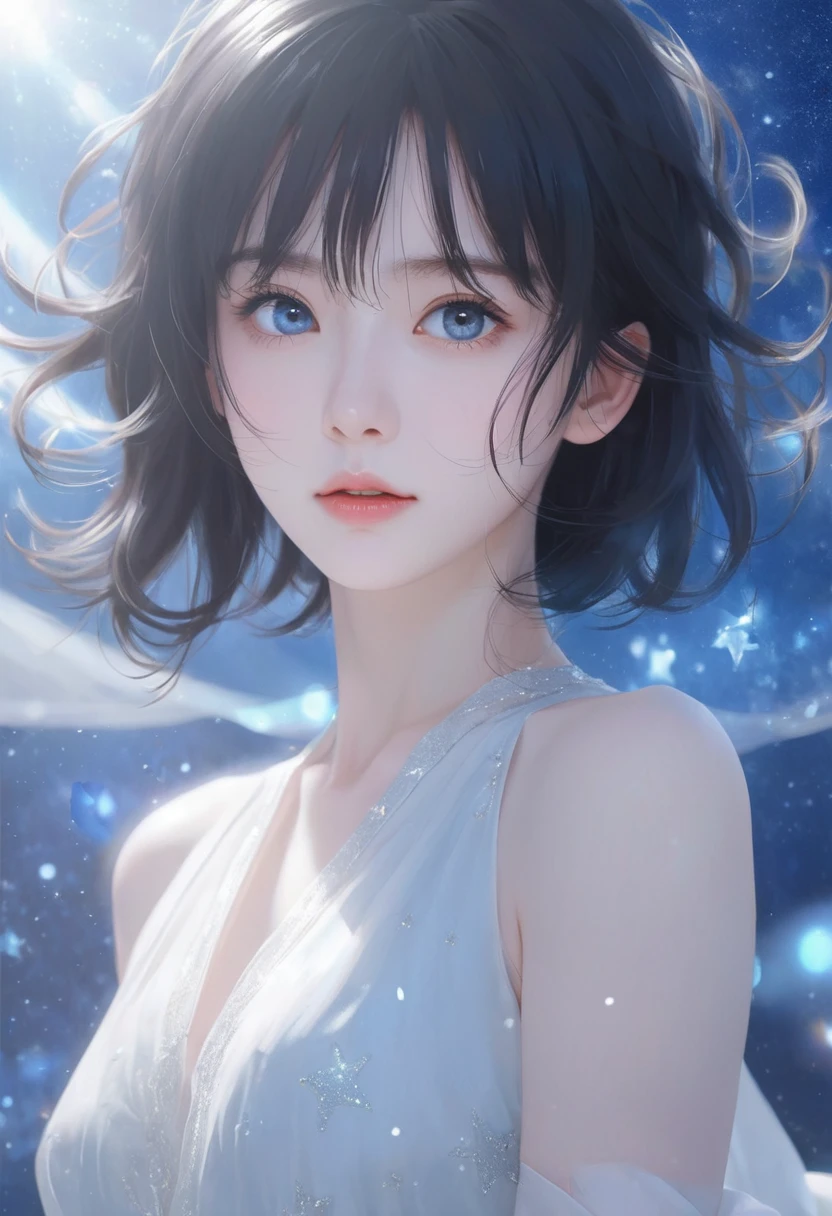 Pixiv artwork, Cool girl, Oval Face, Big eyes, (((Pale blue eyes))), (((Black Hair))), (((Long Bob))), Medium Hairstyles, Long eyelashes, bangs, nice, Arrogant, Exquisite (Realistic Style), Extreme Face, Photo-quality light and shadow, Starry Eyes, She has long, curly black hair that is scattered and worn around her waist, (Flowing Hair) Shining Jewels, (blue starry sky returnground), upper body returnground, Wearing a light blue wedding dress, shoulder, return, To the camera, beautiful, Very high quality, Cinematic quality footage, High quality CG, 8K resolution, 16K, (((masterpiece)))