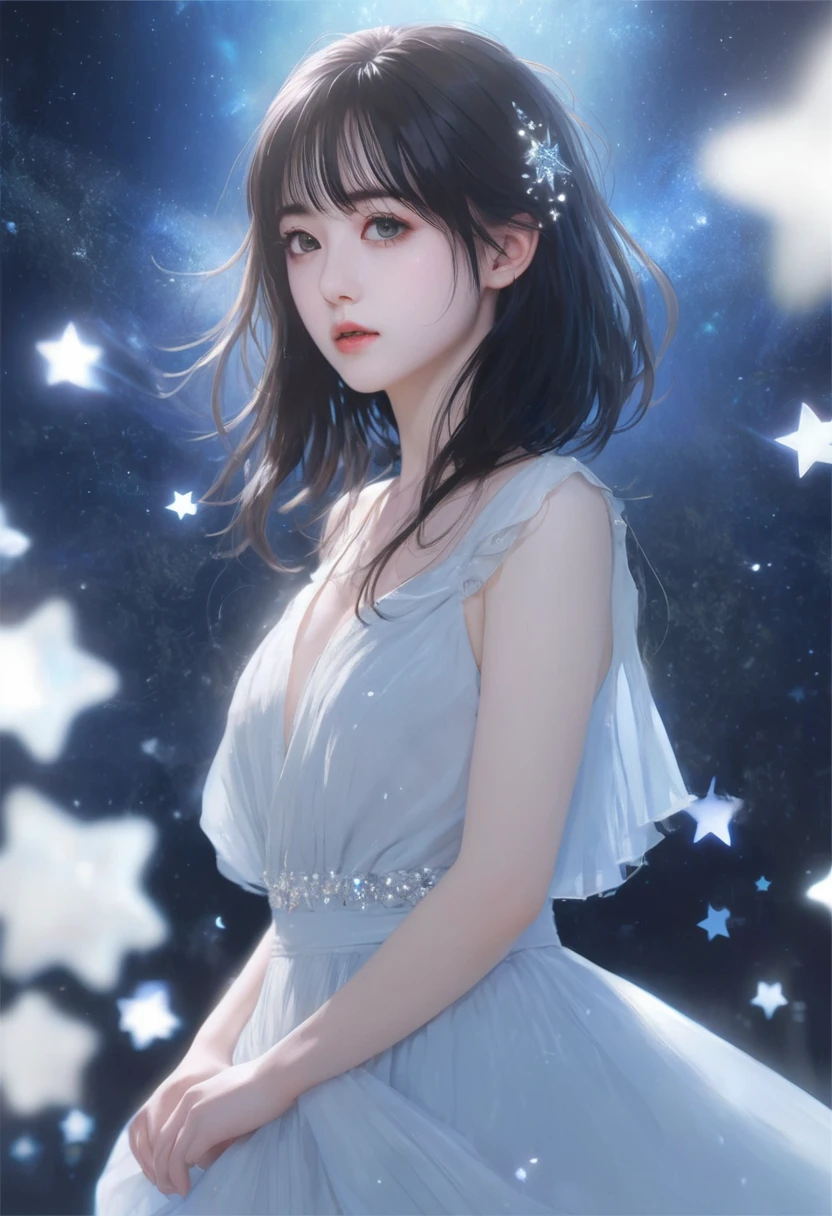 Pixiv artwork, Cool girl, Oval Face, Big eyes, (((Pale blue eyes))), (((Black Hair))), (((Long Bob))), Medium Hairstyles, Long eyelashes, bangs, nice, Arrogant, Exquisite (Realistic Style), Extreme Face, Photo-quality light and shadow, Starry Eyes, She has long, curly black hair that is scattered and worn around her waist, (Flowing Hair) Shining Jewels, (blue starry sky returnground), upper body returnground, Wearing a light blue wedding dress, shoulder, return, To the camera, beautiful, Very high quality, Cinematic quality footage, High quality CG, 8K resolution, 16K, (((masterpiece)))