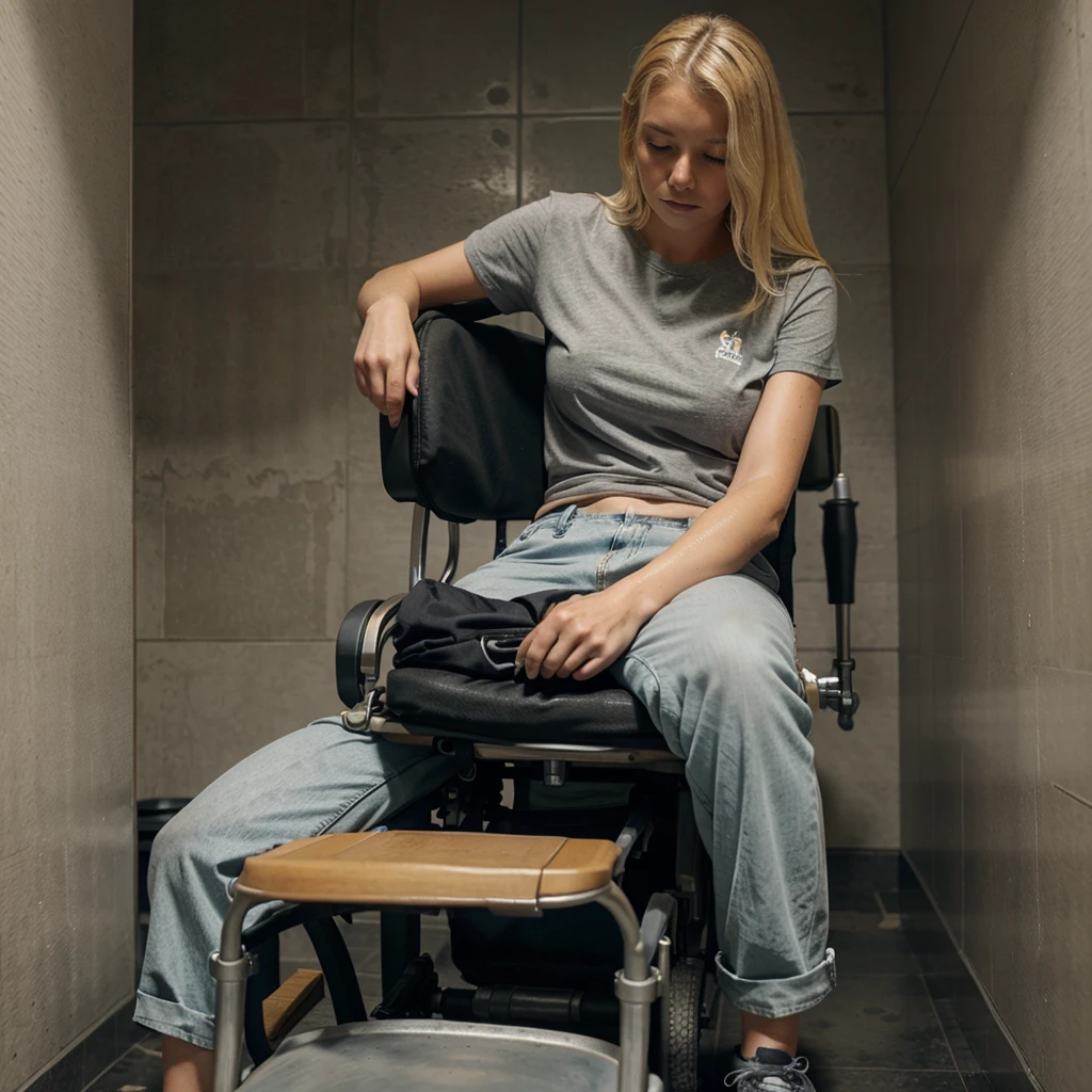 Blonde girl in wheelchair, sad face, gray shirt and wet pants (urine stain on pants) because he peed, the wheelchair is black, space (bathroom).