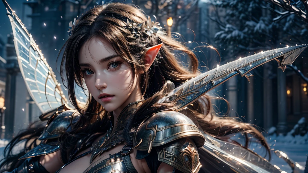 Close-up of woman holding sword and armor, Armor Girl, 2. 5D CGI anime fantasy artwork, Large Breasts，Epic fantasy digital art style, detailed Digital 2D fantasy art, Digital 2D fantasy art, original photo, (best quality:1.3), high resolution, (masterpiece), (lifelike:1.4), Professional photography, Clear focus, High Dynamic Range, 8k resolution, Intricate details, Fine details, Depth of Field, Extremely detailed CG unified 8k wallpaper, masterpiece，poster，best quality，Official Art，（Beauty and aesthetics：1.2），（masterpiece：1.3），Female Elf，individual，Light Leather Armor，complex pattern，snow，castle，Medium distance photography，（early morning），dramatic，Glowing Wings，