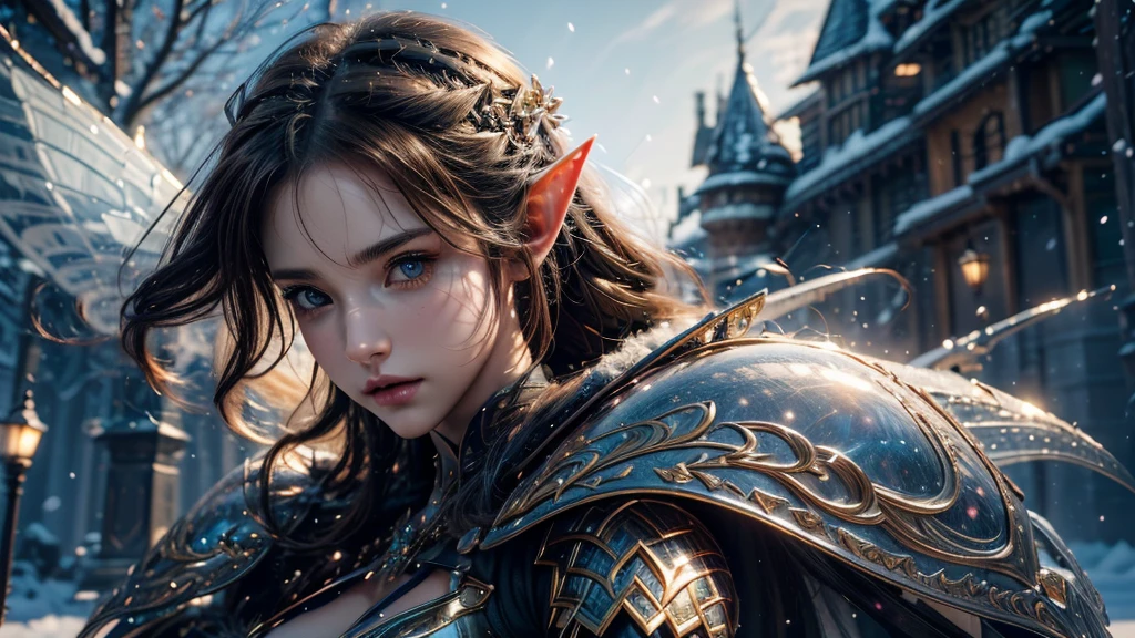 Close-up of woman holding sword and armor, Armor Girl, 2. 5D CGI anime fantasy artwork, Large Breasts，Epic fantasy digital art style, detailed Digital 2D fantasy art, Digital 2D fantasy art, original photo, (best quality:1.3), high resolution, (masterpiece), (lifelike:1.4), Professional photography, Clear focus, High Dynamic Range, 8k resolution, Intricate details, Fine details, Depth of Field, Extremely detailed CG unified 8k wallpaper, masterpiece，poster，best quality，Official Art，（Beauty and aesthetics：1.2），（masterpiece：1.3），Female Elf，individual，Light Leather Armor，complex pattern，snow，castle，Medium distance photography，（early morning），dramatic，Glowing Wings，